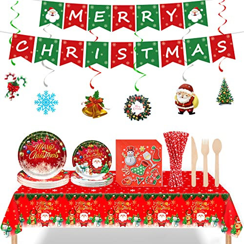 PLULON 129Pcs Christmas Paper Plates for Christmas Party Decorations, Christmas Banner Tableware Hanging Swirls Plastic Tablecloth Xmas Napkins Paper Plates Snowflake Straws Winter Party Supplies