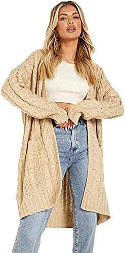 H&F ® New Women Ladies Long Sleeve 2 Side Pocket Chunky Cable Knitted Oversize Baggy Open Boyfriend Cardigan Size-16-18 20-22 24-26(Stone, 24-26)