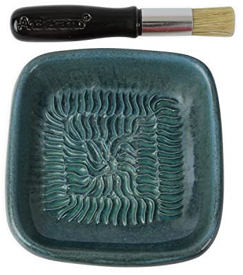 ANCKERAMIC® Ceramico Reibeteller & Backpinsel mit Naturborsten, Set aus Keramik für Knoblauch, Ingwer, Muskat, Handmade (Cadet/Schwarz)