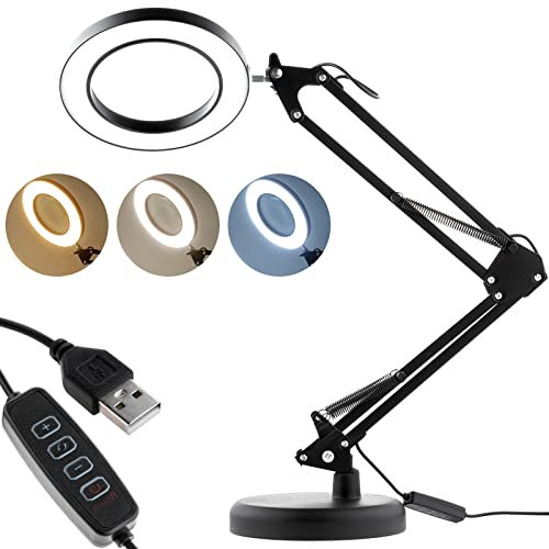 Lumiled LED 7W Lupenleuchte Lupenlampe Schwenkarm Schreibtischlampe Arbeitsplatzlampe 8x Vergrößerung USB dimmbar schwarz 3 Farbmodi Glaslinse Lupe mit Licht Kosmetiklampe zum Basteln Lesen