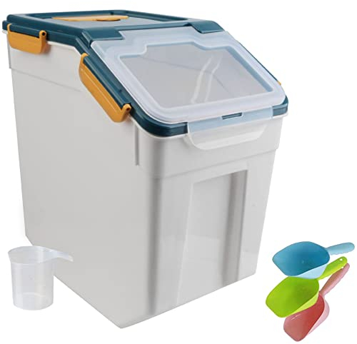 Uotyle 10KG Plastic Food Storage Container Box with Lid & Wheels – Large Airtight Pet & Kitchen Organizer Bin for Dog & Cat Food, Flour, Cereal, Nuts, Beans, Includes Measuring Cup & Scoop (Blue)