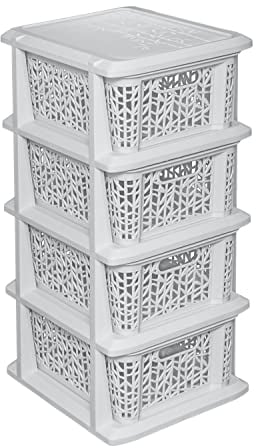 BranQ - Home essential Universelles, multifunktionales Regal in Bamboo Design, BPA-frei Kunststoff, 4 Körben, Creme