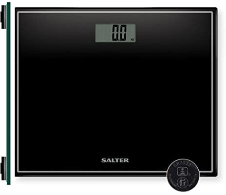 Salter 9207 BK3R Digitale Badezimmerwaage - Schlankes Glas Plattform Waage, Gut lesbare LCD Anzeige, Step-On-Aktivierung, Max. Gewicht 150kg/330lbs, 15 Jahre Garantie, Schwarz, Wiegt kg, st und lb