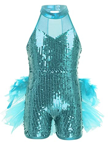Aiihoo Kinder Mädchen Pailletten Tanzbody Hip-Hop Jazz Ballett Trikot Latein Jazz Tanzkleidung Ärmellos Jumpsuit Performance Kostüm Hellblau 170-176/15-16 Jahre