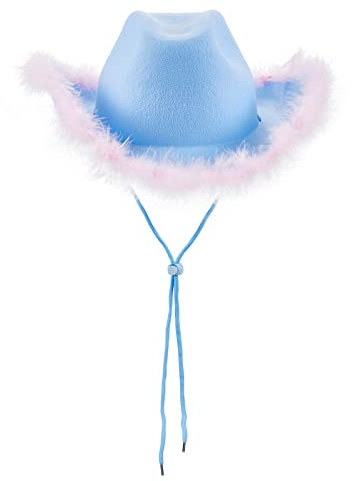 Niceyoeuk Cowgirl Hat Cowboy Hats for Women Fluffy Feather Brim Cowboy Hat for Holiday,Costume Party,Play Dress Up,Halloween Cosplay (Blue02, 32cm*42cm*18cm)