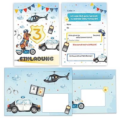 Minkocards 12 Einladungskarten incl. 12 Umschläge zum 3. Kindergeburtstag Junge Polizei Detektiv Einladung zum dritten Geburtstag Kinder Einladungsset