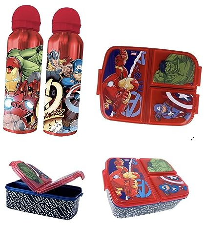 PELLECCHIA 1969 | Set Pranzo Scuola 2 Pezzi | Porta Merenda Scuola con 3 scomparti in Plastica BPA Free e Borraccia Alluminio da 500 ML realizzato per (Avengers Fan)