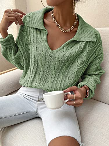 ZOMTOON Women's Sweater -Neck Collared Cable Knit Sweater Sweater for Women (Color : Mint Green, Size : Small)
