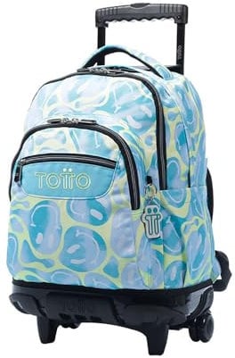 TOTTO - Mochila Escolar con Ruedas, Modelo Renglones, Capacidad 26,21 Litros, Bolsillo para PC 14 y Bolsillo para Botella, Correas en S para Mayor Comodidad, Resistente, Estampado Happy Flow