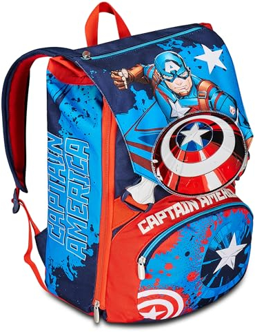 Seven Schulrucksack Disney Captain America Legendary Avenger, blau rot weiß – Doppelter Rucksack – Trinkflaschenhalter, Kinderrucksack – Marvel Merchandising, mehrfarbig, Erweiterbarer Rucksack