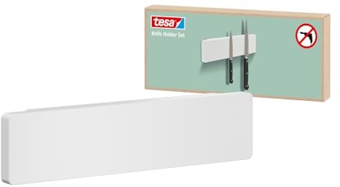 tesa Messer-Magnetleiste – zum Kleben, Magnet-Messerhalter für die platzsparende Aufbewahrung von Messern in der Küche - Küchenzubehör - mit Adapter, Wandmontage ohne Bohren - Weiß