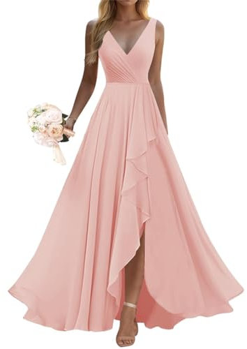Robe de demoiselle d'honneur à volants pour femme - Longue fente - En mousseline de soie - Robe de soirée formelle pour mariage, Rose poudré., 48