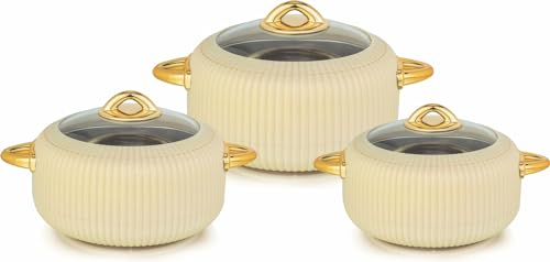 Casserole Pot Serving Dishes with Lids - 3pc Hot Pot Food Container Set Stainless Steel Inner (Ivory Glass Lid - 3pc Set 1.8L/2.4L/3.2L)