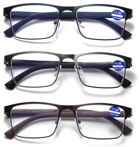 Hubeye 3 Paia Occhiali da lettura per Uomo e Donna Montatura Metallo Quadrato Stile Acciaio Inossidabile con Cerniere a Molla Occhiali Anti Luce Blu 2.50