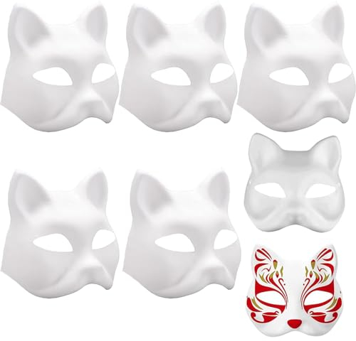 YOUYIKE 5 Stück DIY Katzenmaske, Masken Zum Bemalen, DIY Weiß Leere Maske, Masken Zum Basteln, Lustige Tiermasken, für Halloween Cosplay, Karneval Maske Maskenball auf Partydekorationen