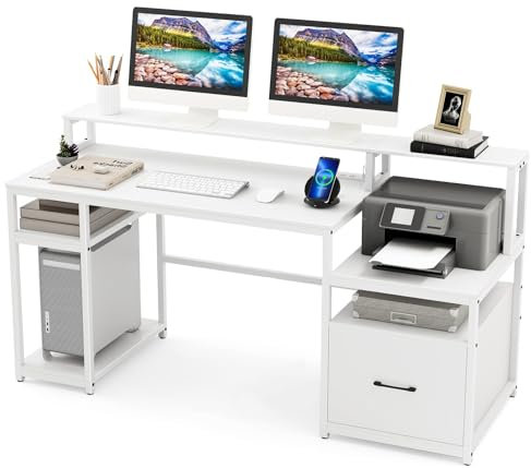 GYMAX Escritorio para ordenador de 168 x 60 cm, escritorio con soporte para monitor, soporte para CPU, bandeja para impresora y cajón de archivos, mesa de ordenador, mesa de trabajo, mesa de juegos