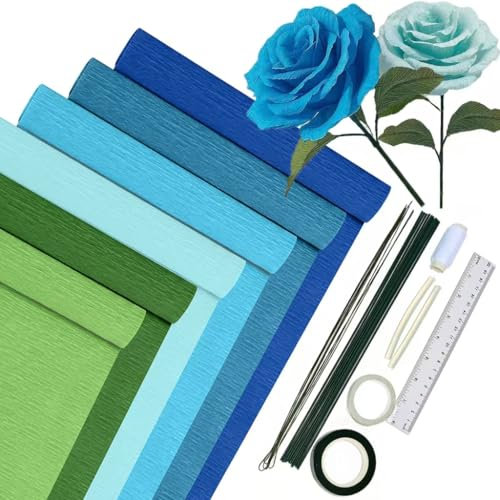 Krepppapier 6er Set Bunt,6 Rollen 25 x200cm Krepppapier Verlaufsblau mit 15 Blumendraht,Floristenband,Doppelseitiges Klebeband,Lineal,Nähgarn,Krepppapier Blumen Basteln(Blaue Serie)