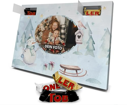 PhotoFancy - Foto Adventskalender mit Schokoladen-Pralinés von Toblerone 'Tiny' - Personalisierter Adventskalender mit eigenem Bild bedruckt - Design 'Schneemann'