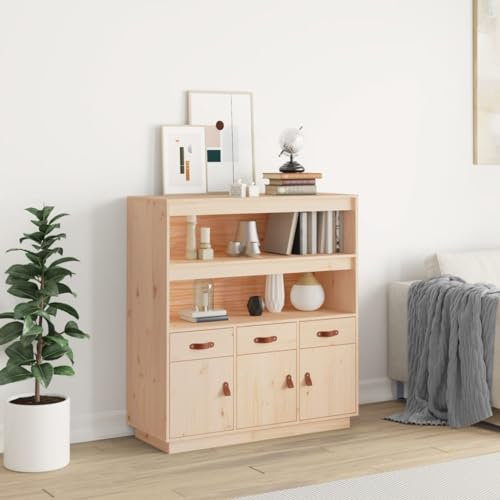 puraday Highboard Wohnzimmer Sideboard 100x40x108,5 cm Massivholz Kiefer Haushaltsschrank Aktenschrank Vorratsschrank mit 2 Offenen Fächern Klassisches Mehrzweckschrank