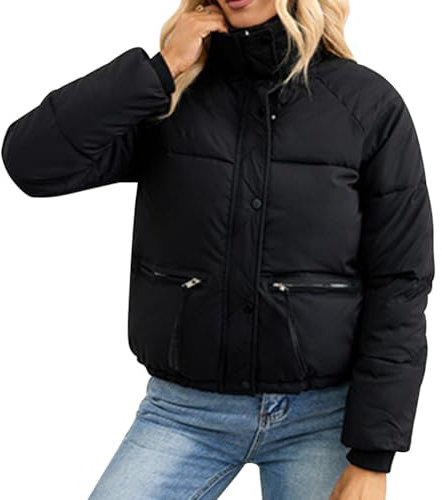 OBEEII Veste matelassée courte pour femme - Veste d'hiver chaude - Veste matelassée épaisse - Mode cropped Zip Up - Col montant - Manteau rembourré, Noir , L