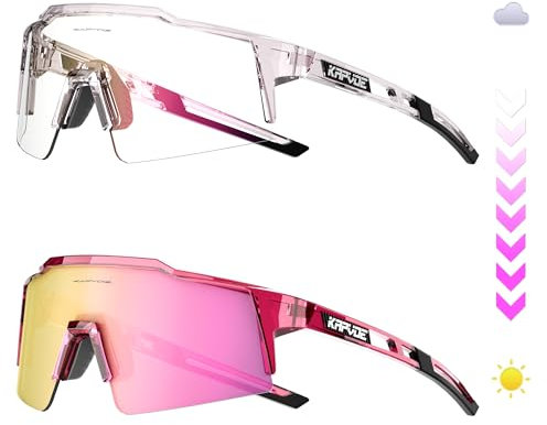 KAPVOE Selbsttönende Fahrradbrille Photochromatisch Uv400 Schutz TR90 Rahmen Sportsonnenbrille Sportbrille für Herren Damen Sport Radfahren Radbrille MTB Fahren Baseball Radsport Laufen 61 Rosa