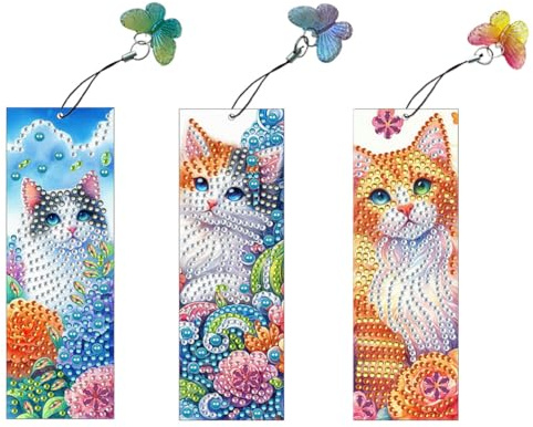 Generisch Diamond Painting Lesezeichen 3 Stück, Diamant Malerei, DIY Bastelset Mit Kristall Schmetterling Anhänger, Mädchen Bastelset, Geschenk für Weihnachten, Neujahr-Katzen