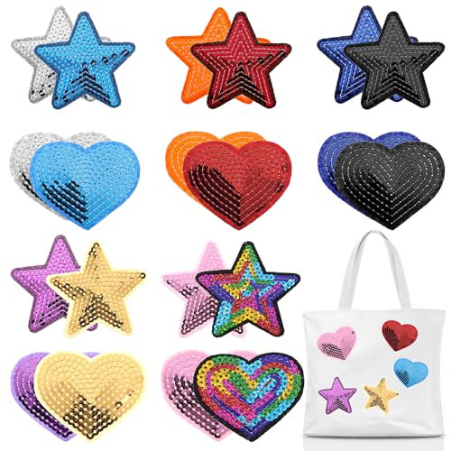 20 Stück Glitzer Sterne Flicken zum Aufbügeln Herz Aufbügler Kinder Aufbügelbilder Bestickte Aufnäher Stern Patches Bunte Bügelflicken für Textilien für DIY Kleidung Hosen Jeans Hüte