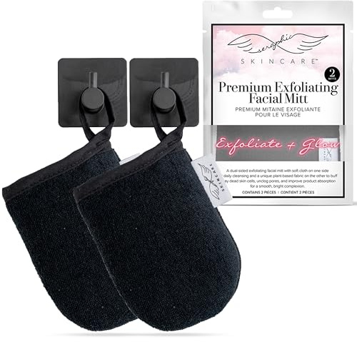 Seraphic Skincare Premium Exfoliating Facial Mitt 2 Pack – 100% Vegan Dual-Sided Face Mitten with Viscose & Washcloth – Facial Scrub Pad for Gentle Cleansing & Exfoliation – Natural Dead Skin Remover