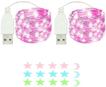 2 x luce stringa LED, 50 x LED 5M / 17Ft esterno/interno alimentatore USB impermeabile per camera da letto, cortile, matrimonio, Natale, fai da te, ecc. (Rosa)