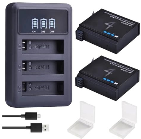 HOMEWQ Camera Bateria 1680mAh Compatible with Gopro Hero 4 Battery Replacement + L.E.D 3-Slots USB Charger for HERO4 AHDBT-401 Action Camera(2 Battery 1 Charger)