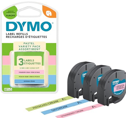 Dymo LetraTag Pastel Labels Starter Pack | 12mm x 4m Rolls | Pastel Green, Blue & Strawberry Cream | 3 Rolls of Plastic Self-Adhesive Label Tape | Authentic Labels for LetraTag Label Makers