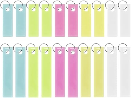 Glowki - pack de 20 Porte-clés étiquette en plastique phosphorescent ultrarésistant visible jour et nuit, multicolore avec anneaux, inscriptible et réutilisable. Inspiré de la sécurité aérienne.