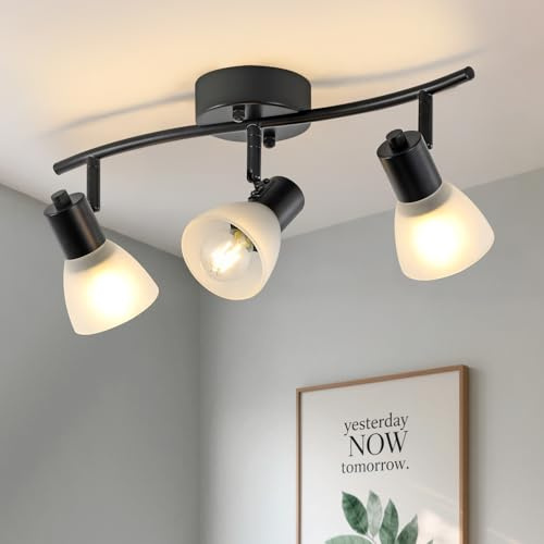 KEESFU 3 Light Track Lighting Fixtures Ceiling,Adjustable Directional Ceiling Lights with Glass Shade,Industrial Ceiling Spotlight for Kitchen Over Sink Bedroom Hallway Living Room,E14base.