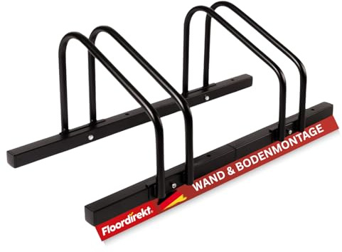 Floordirekt Fahrradständer für 2 Fahrräder mit Reifenbreiten bis 55 mm Eisen Fahrradhalter Aufstellständer für Boden- oder Wandmontage | Radständer 68 x 33 x 26,5 cm (Schwarz)