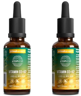 Primal Vitamin D3 & K2 Drops de Primal Harvest - 1 000 U.I., Gouttes multi vitamines avec huile MCT, vitamines liquides en flacon compte-gouttes, 980 par goutte (2 Pack (980 Drops))