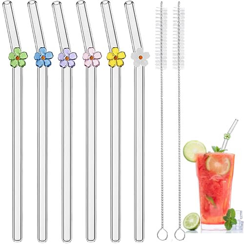 Reusable Glass Straws with Charms, 7.9'' x 8mm Cute Clear Drinking Straws for Smoothies, Coffee, Juice, Milk, Cocktails, Set of 6 Bent and 2 Cleaning Brushes (Colorful Flowers)
