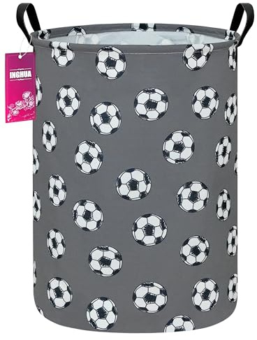 INGHUA Laundry Hamper Large Canvas Fabric Lightweight Storage Basket/Toy Organizer/Dirty Clothes Collapsible Waterproof for College Dorms, Boys and Girls Bedroom,Bathroom(grey football)
