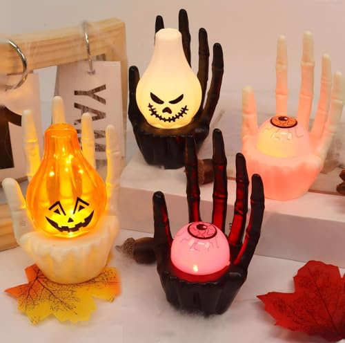 Giugio Led Kerzen Halloween, 4 Stück LED Teelichter, Skelett Hand Teelichthalter, Halloween Deko Flammenlose Led Teelichter, Kerzen batteriebetrieben für Tischdeko, Dekorationen Innen Außen, Party