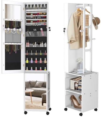FIVMEN Schmuckschrank mit Spiegel Spiegelschrank Schminkschrank mit Rollen und 6 LEDs Abschließbar Schmuckaufbewahrung Make-Up Organizer 3 in 1 mit Ganzkörperspiegel Standspiegel, Weiß
