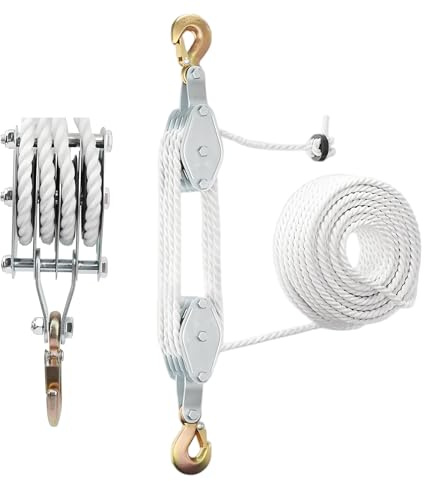 Schwerlast Flaschenzug mit 20m Nylon - 4400 LB und 8:1 Arbeitssparender | Hochleistungs Flaschenzug Seilzug mit 20 m Nylonseil, 4400 LB Tragkraft, 8:1, für Garagen und Lagerhallen