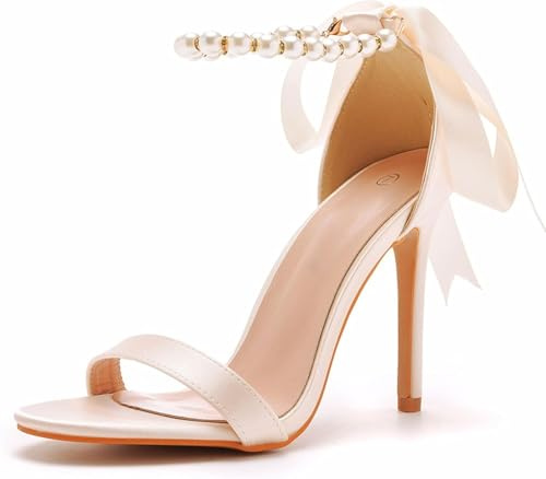 Damen High Heels Perle Riemchen Offene Zehe Stiletto Absatz Abend Hochzeit Party Knöchelriemen Sandalen, Champagne, 35 EU