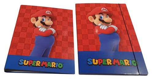 Ordner kompatibel mit Super Mario Yoshi 4 Ringen für die Schule + elastische Mappe + Gratis Schlüsselanhänger Mario oder Luig