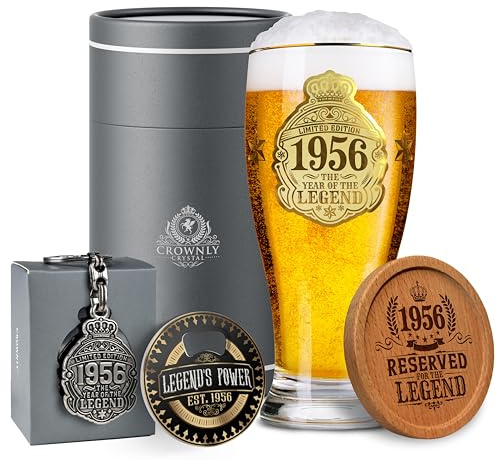 CROWNLY CRYSTAL 70th Birthday Gifts for Men Pint Glass 1956 570 ml Personalised Gifts for Men – Dad Husband Grandad Brother Birthday Gift Box with Coaster, Keyring & Bottle Opener