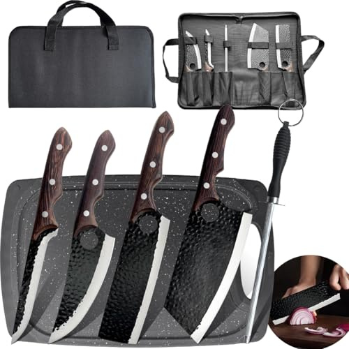 6PCS professionelles Metzger Messer Set mit Tasche, Schneidbrett, Schleiferstange Hand geschmiedet Wikinger Küchenmesser Set, Knochenmesser Set für Fleisch Beschneiden