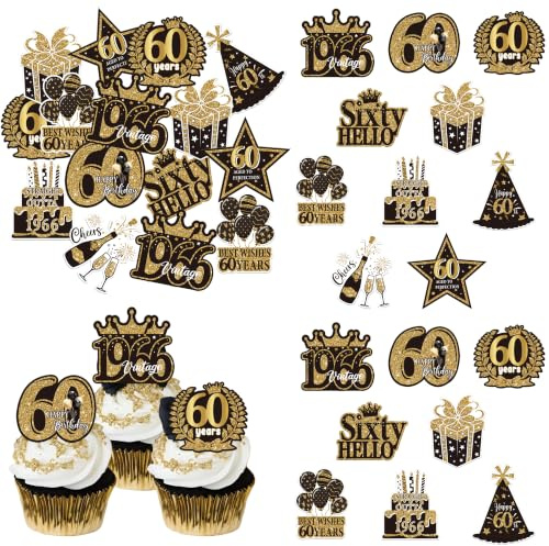 60 Stück Essbare Tortendeko 60 Geburtstag Mann Frau Happy 60th Birthday Tortendeko 60. Geburtstag Kuchen Deko Essbare Cupcake Toppers für 60. Geburtstagparty Viintage 1966 Party Kuchen Dekoration