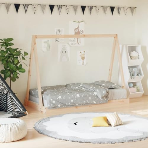 IBUQDDV Kinderbett 80x160 cm Massivholz Kiefer Tipi-Design Bodenbett mit robusten Latten für Belüftung und Stabilität, rustikale Optik aus massivem Kiefernholz