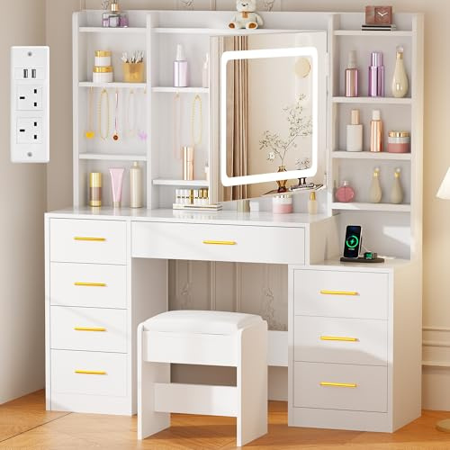 BEWISHOME White Dressing Table with Mirror and Light, Adjustable Brightness | Makeup Desk with Power Outlet and Stool, Modern Vanity Table with 8 Drawers and 9 Storage Areas, for Bedroom, YFST53W