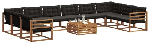 vidaXL Outdoor-Sofagarnitur mit Kissen 11 pcs Natürlich und Schwarz, Garten, modernes Sofa-Set für draußen, langlebige Loungemöbel, wetterfest, tolle Terrasse-Couch