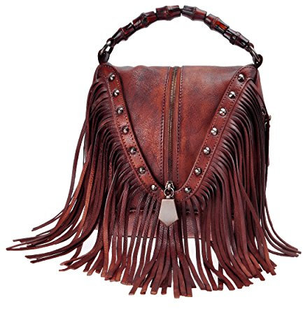 ZLYC Damen Leder Bambus Handschlaufe mit Fransen Bohemian Quaste Nieten Crossbody Tasche, rot, Einheitsgröße