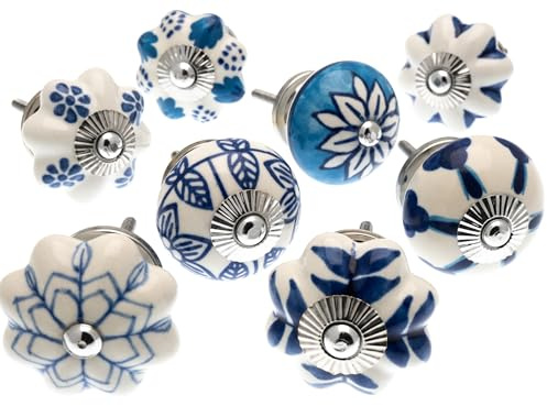 Mango Tree - Mixed Set of Blues Ceramic Cupboard Knobs x Pack 8 (MG-706)